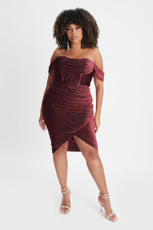 Lavish Alice BLAKE Curve Diamante Velvet Pleated Off Shoulder Midi Dress In Burgundy