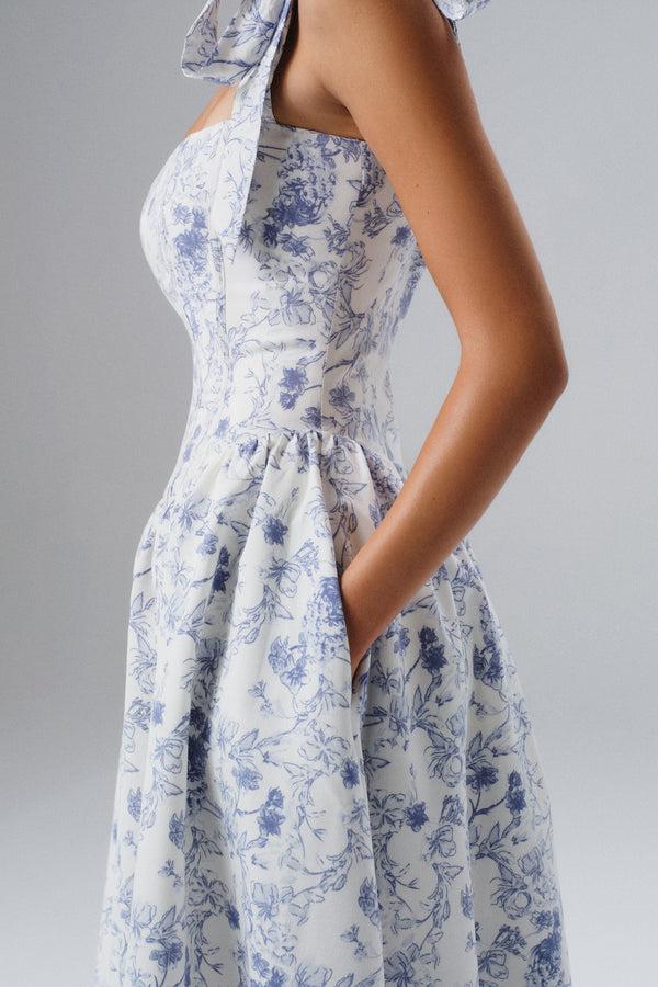 Lavish Alice BLOSSOM Tie Shoulder Corset Midi Sundress In Blue Porcelain