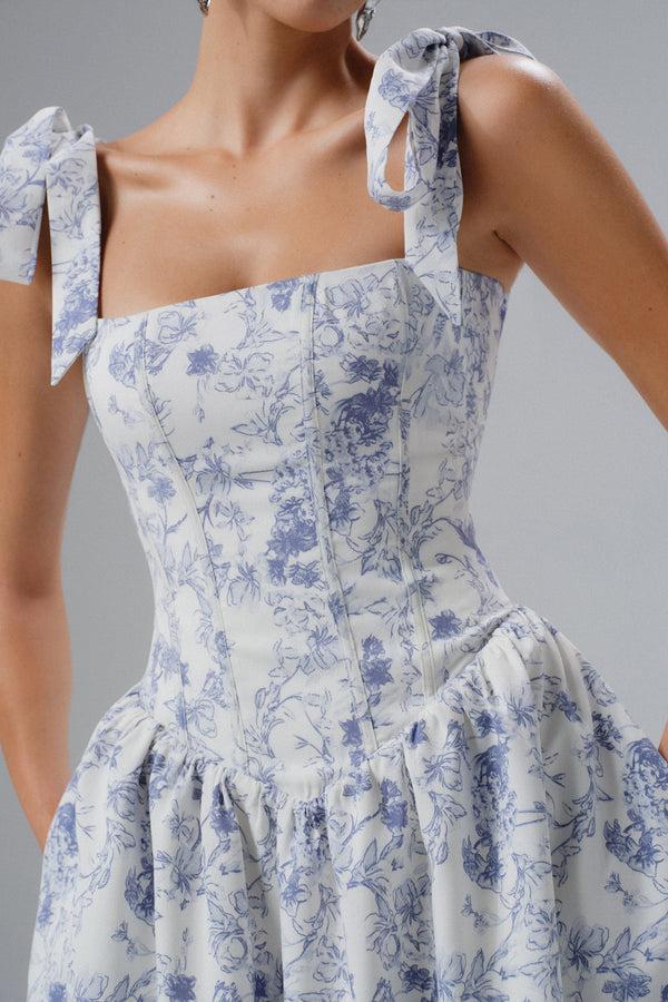 Lavish Alice BLOSSOM Tie Shoulder Corset Midi Sundress In Blue Porcelain