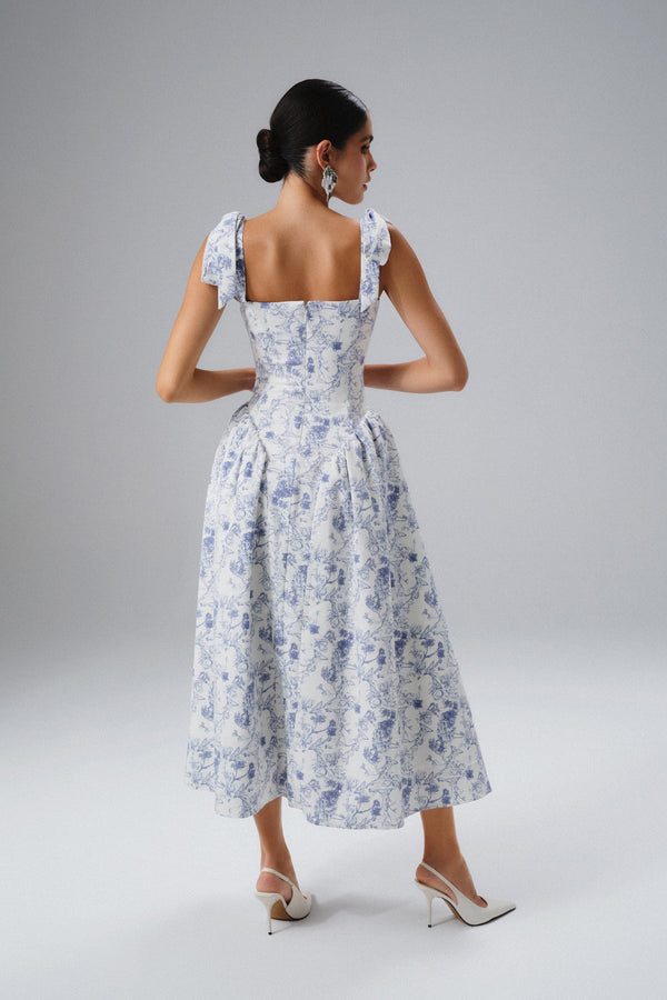 Lavish Alice BLOSSOM Tie Shoulder Corset Midi Sundress In Blue Porcelain