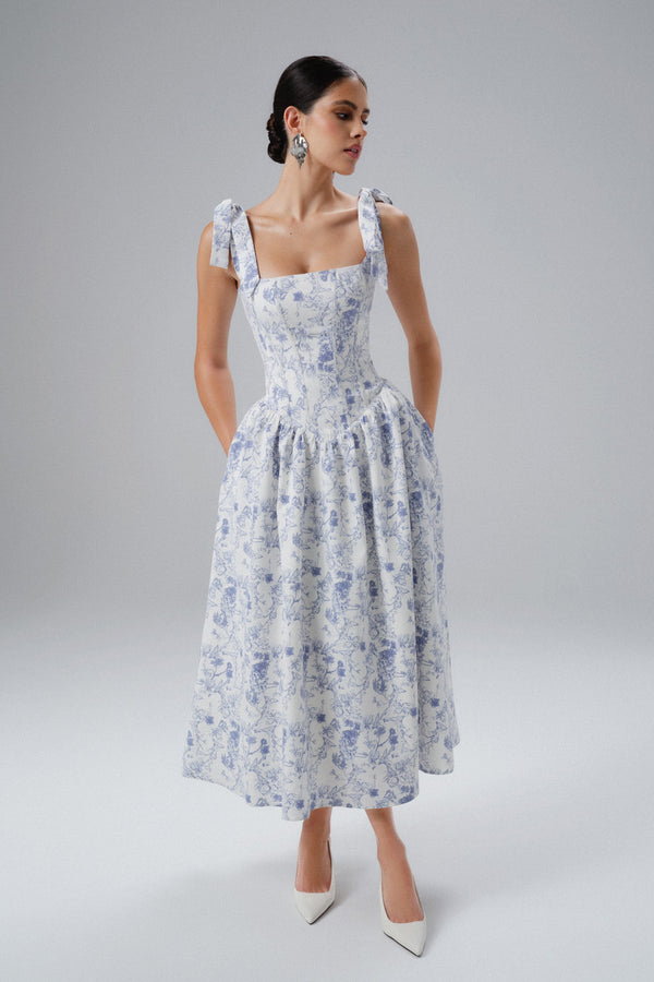 lavish alice BLOSSOM Tie Shoulder Corset Midi Sundress In Blue Porcelain