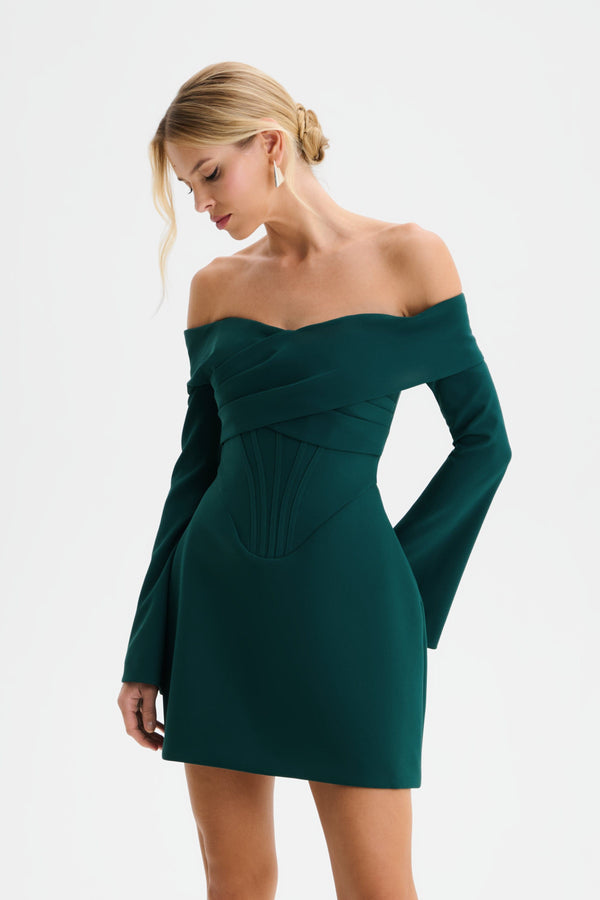 Lavish Alice BONNIE Off Shoulder Tulip Mini Dress With Corsetry Detail In Emerald Green