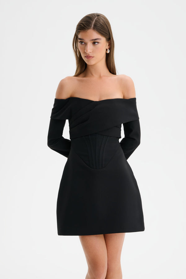 Lavish Alice BONNIE Off Shoulder Tulip Mini Dress With Corsetry Detail In Black