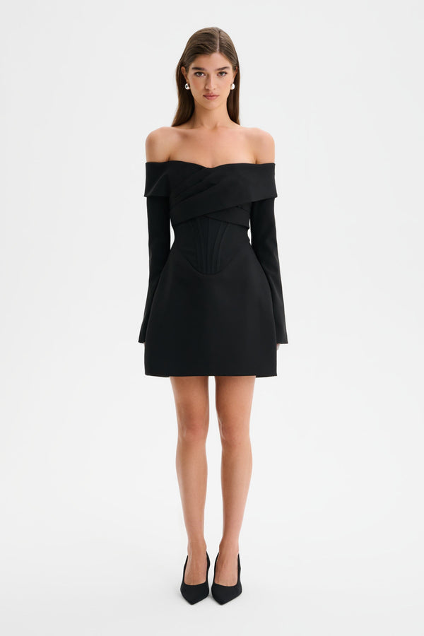 lavish alice BONNIE Off Shoulder Tulip Mini Dress With Corsetry Detail in Black