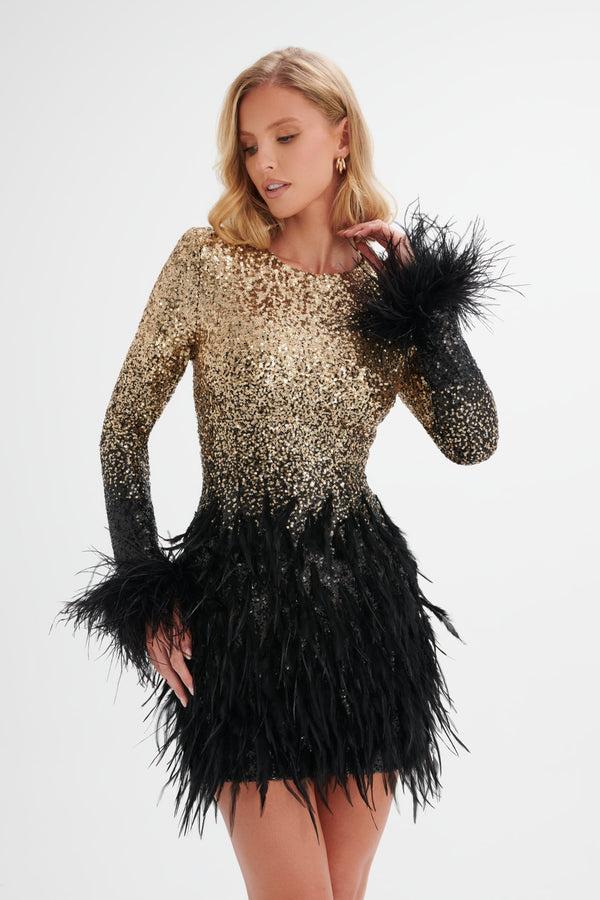 lavish alice BRIANNA Embellished Feather Mini Dress In Gold and Black Ombre