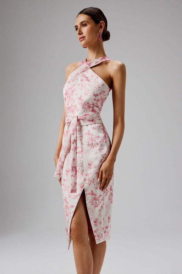 Lavish Alice BRIELLE Bonded Satin Obi Belted Halterneck Midi Dress In Pink Porcelain