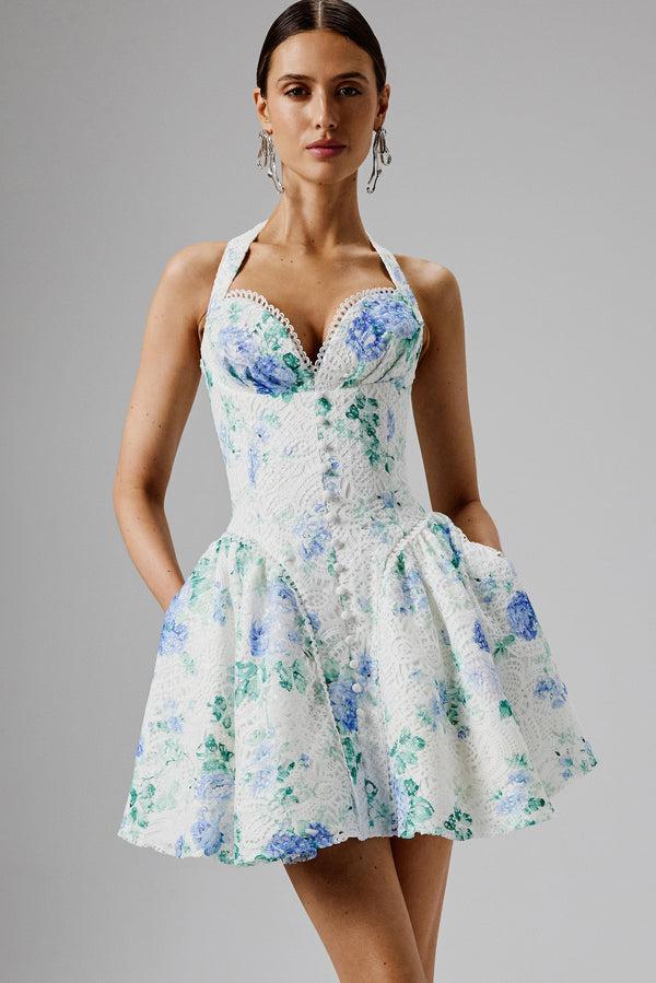 lavish alice CARA Micro Button and Loop Detail Volume Flared Mini Dress in Floral Broderie