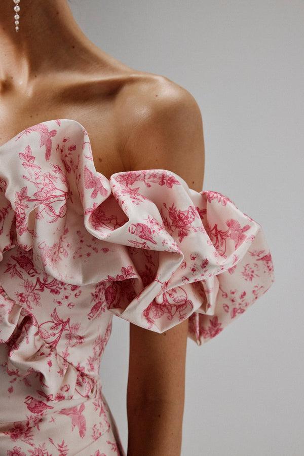 Lavish Alice CARRIE Bonded Satin Bardot Mini Dress In Pink Porcelain Print