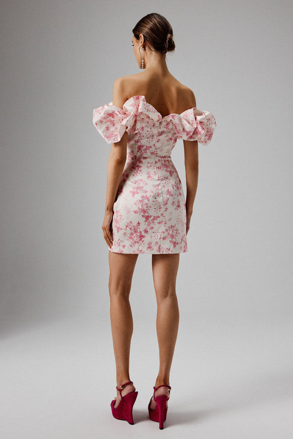 Lavish Alice CARRIE Bonded Satin Bardot Mini Dress In Pink Porcelain Print