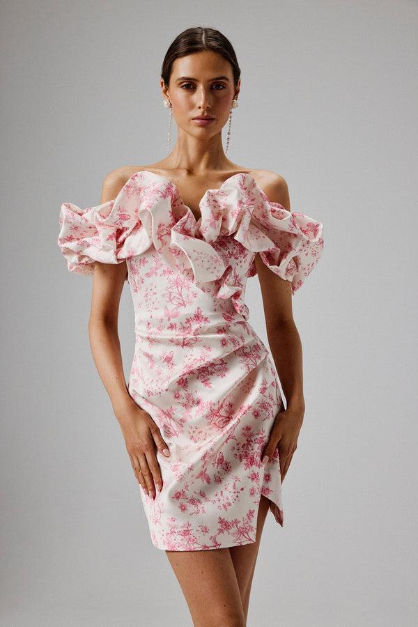 lavish alice CARRIE Bonded Satin Bardot Mini Dress in Pink Porcelain Print