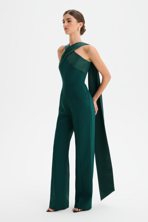 Lavish Alice CHANTELLE Cross Neck Straight Leg Jumpsuit With Satin Drape In Emerald