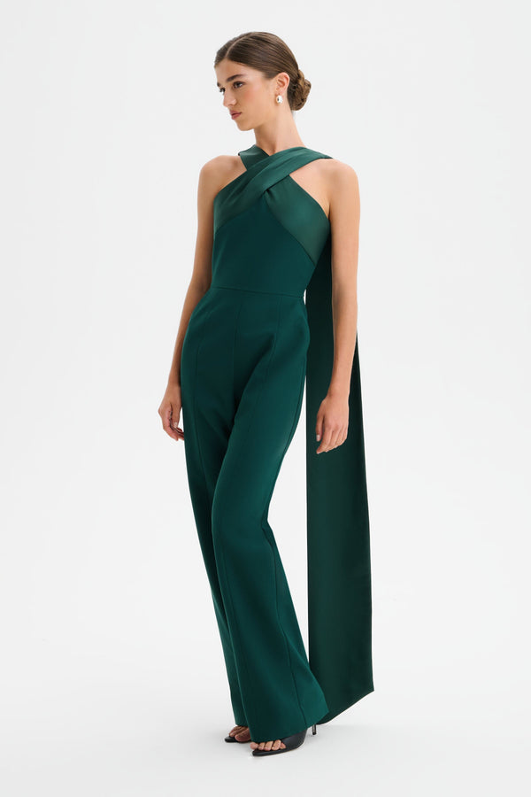 Lavish Alice CHANTELLE Cross Neck Straight Leg Jumpsuit With Satin Drape In Emerald
