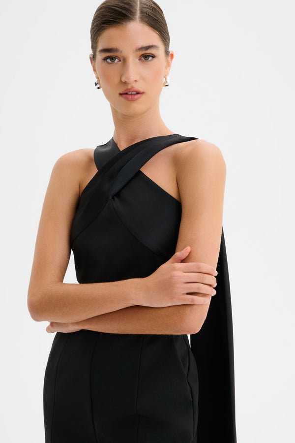 Lavish Alice CHANTELLE Cross Neck Straight Leg Jumpsuit With Satin Drape In Black