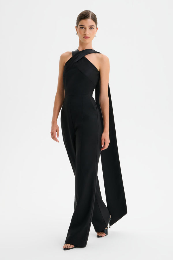 Lavish Alice CHANTELLE Cross Neck Straight Leg Jumpsuit With Satin Drape In Black