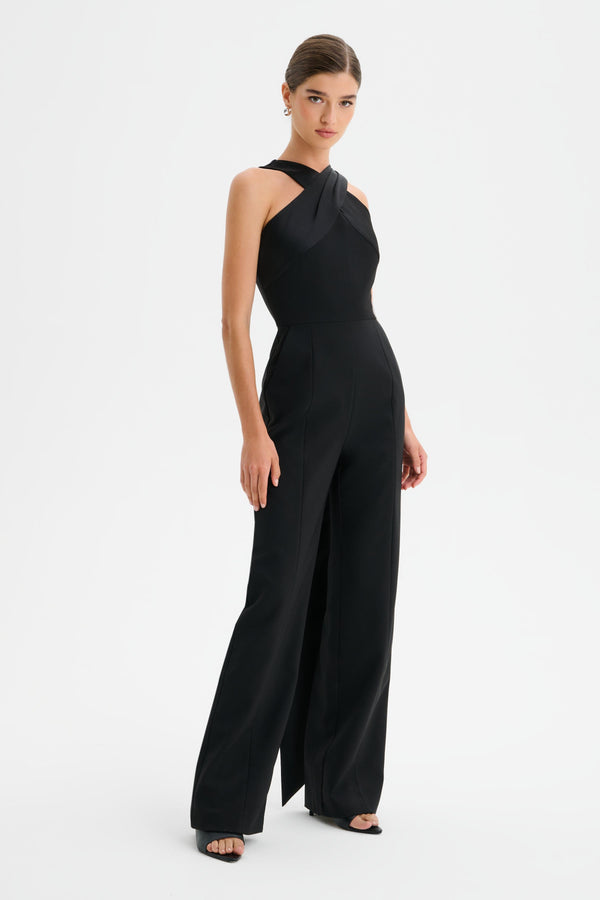 Lavish Alice CHANTELLE Cross Neck Straight Leg Jumpsuit With Satin Drape In Black