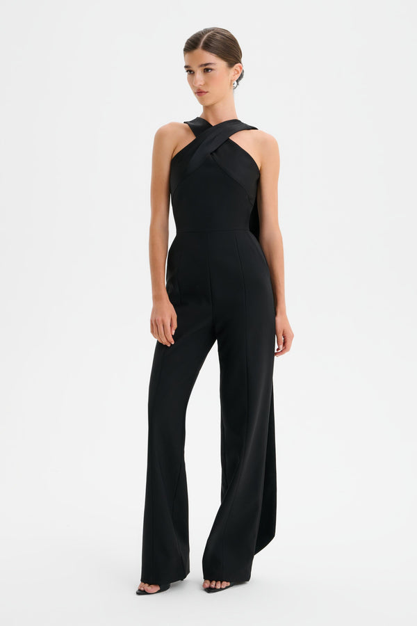 lavish alice CHANTELLE Cross Neck Straight Leg Jumpsuit with Satin Drape in Black