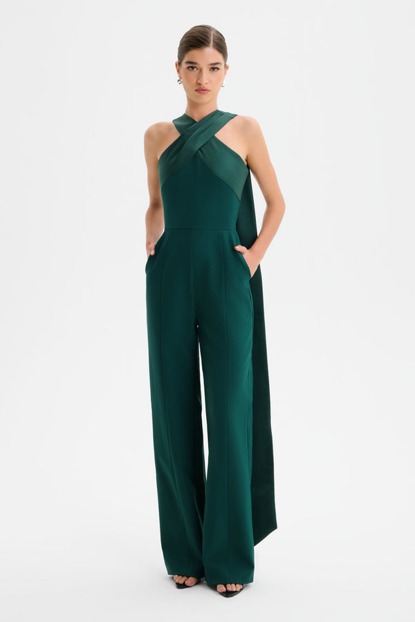 lavish alice CHANTELLE Cross Neck Straight Leg Jumpsuit with Satin Drape in Emerald