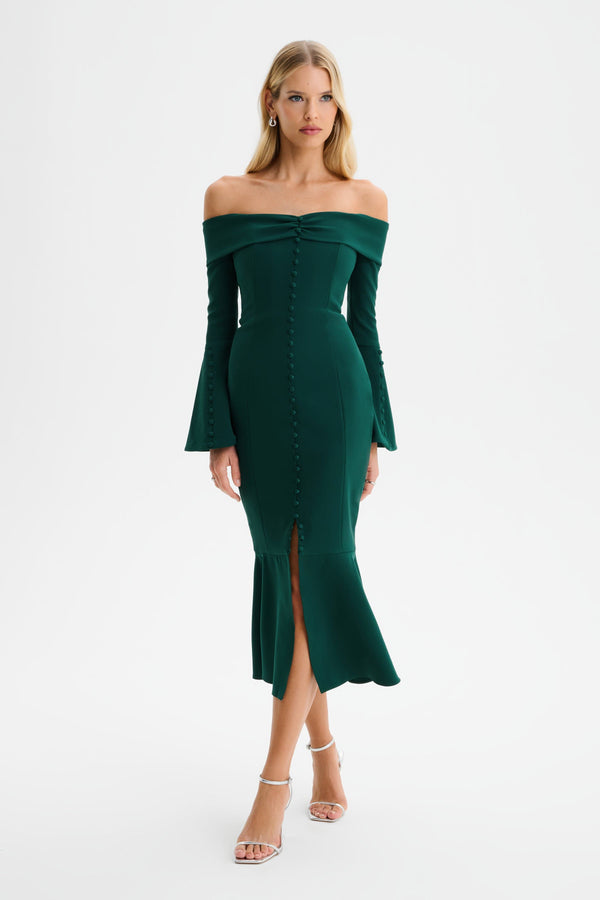 Lavish Alice CIARA Off Shoulder Micro Button Midi Dress In Emerald Green