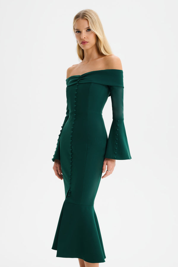 Lavish Alice CIARA Off Shoulder Micro Button Midi Dress In Emerald Green