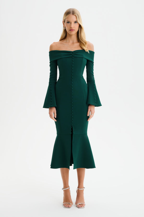 lavish alice CIARA Off Shoulder Micro Button Midi Dress in Emerald Green
