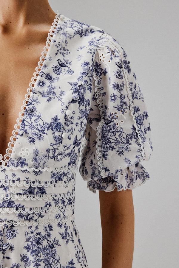 Lavish Alice CINDY Micro Button And Loop Detail Long Midi Dress In Blue Porcelain Print
