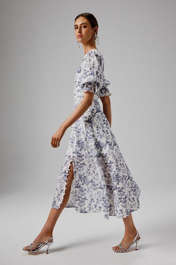 Lavish Alice CINDY Micro Button And Loop Detail Long Midi Dress In Blue Porcelain Print