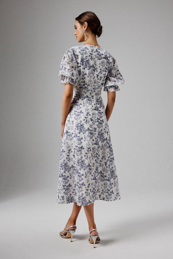 Lavish Alice CINDY Micro Button And Loop Detail Long Midi Dress In Blue Porcelain Print