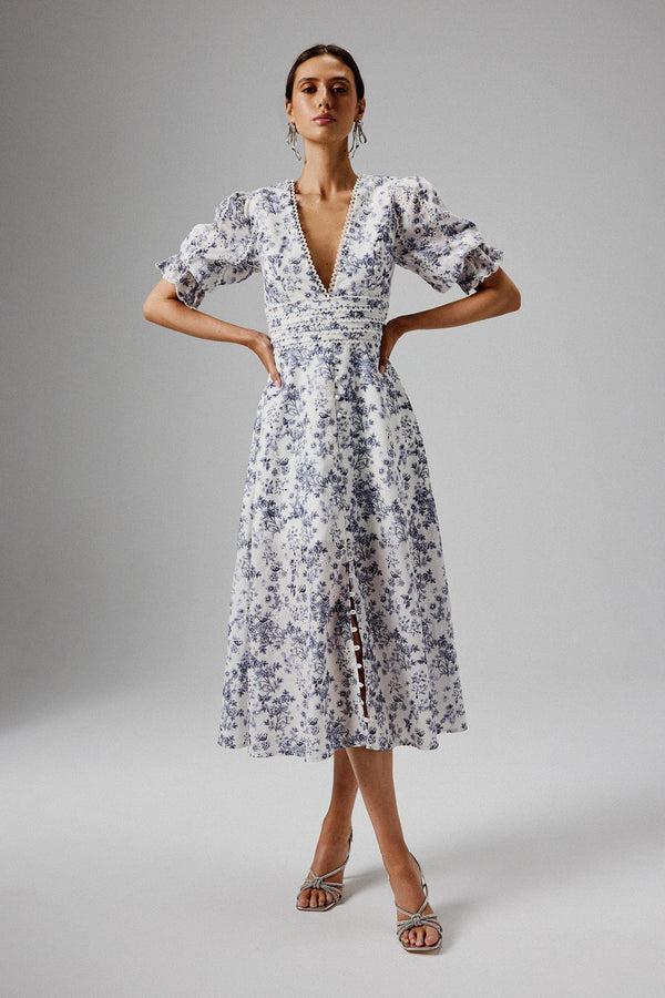 lavish alice CINDY Micro Button and Loop Detail Long Midi Dress in Blue Porcelain Print