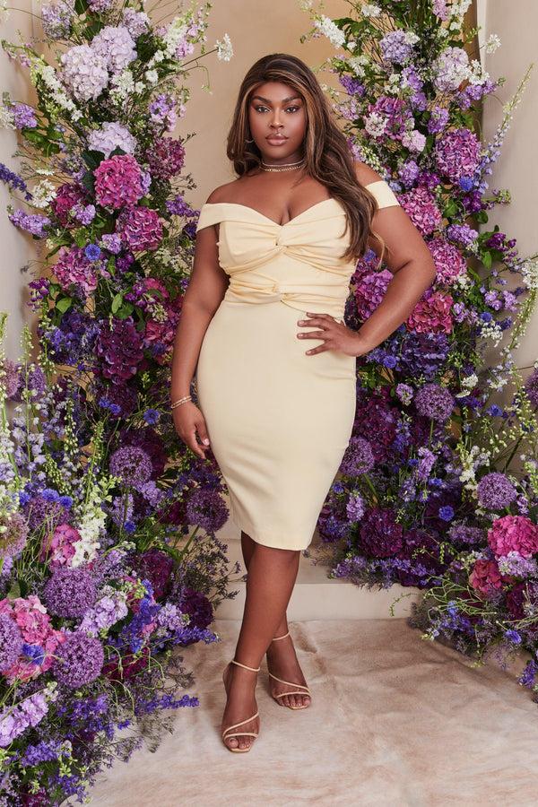 Lavish Alice CLAIRE Curve Off Shoulder Twist Ponte Midi Dress In Butter