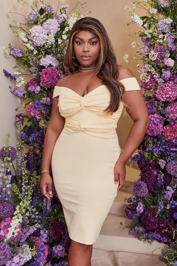 Lavish Alice CLAIRE Curve Off Shoulder Twist Ponte Midi Dress In Butter