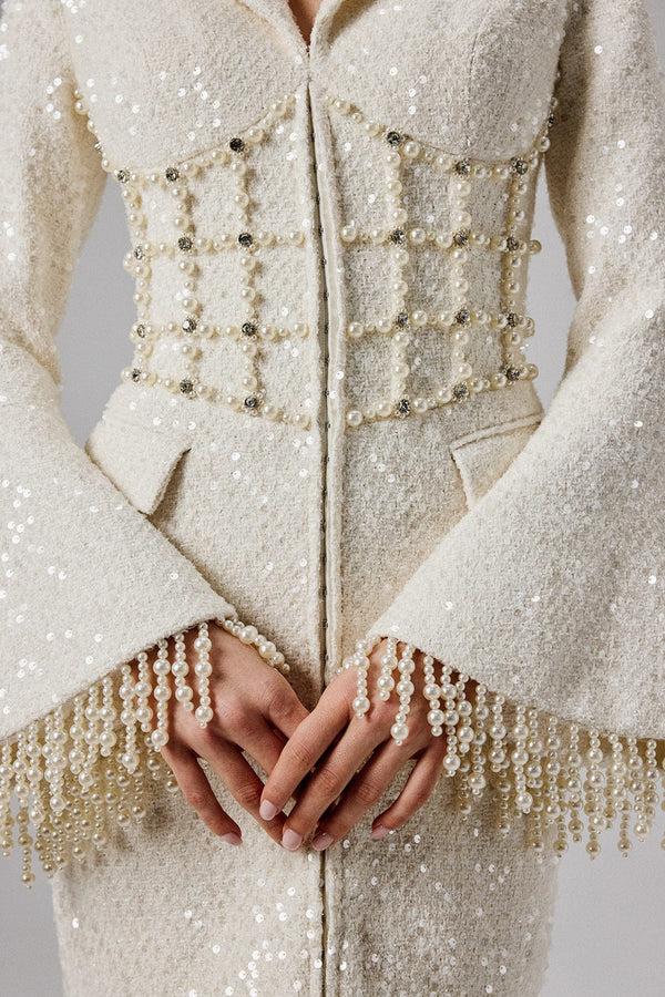 Lavish Alice CLARA Pearl Embellished Mini Boucle Blazer Dress In Beige