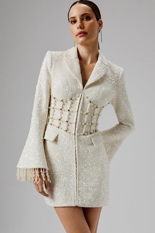 lavish alice CLARA Pearl Embellished Mini Boucle Blazer Dress in Beige lavish alice CLARA Pearl Embellished Mini Boucle Blazer Dress in Beige