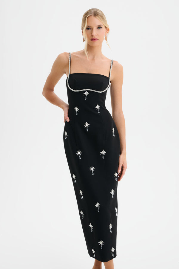 Lavish Alice DAISY Hand Embellished Contour Tailored Midi Dress In Black