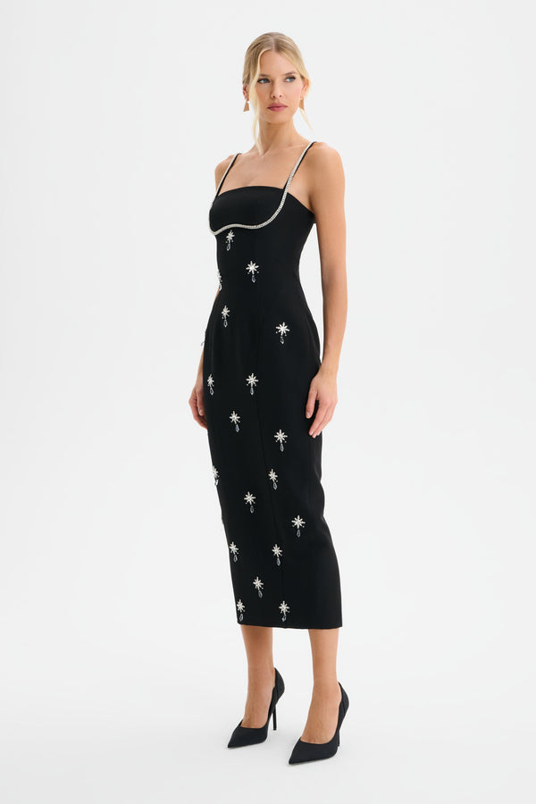 Lavish Alice DAISY Hand Embellished Contour Tailored Midi Dress In Black