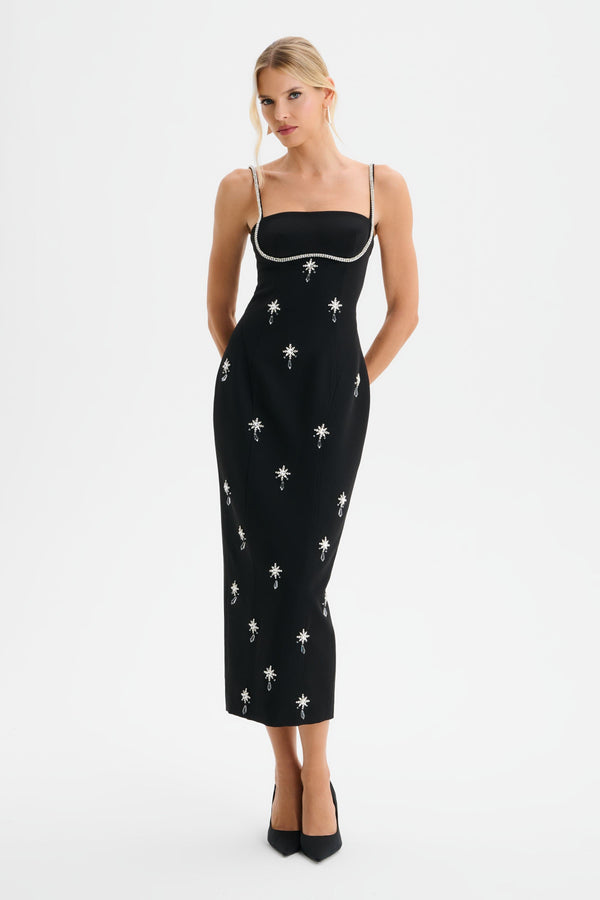 lavish alice DAISY Hand Embellished Contour Tailored Midi Dress in Black