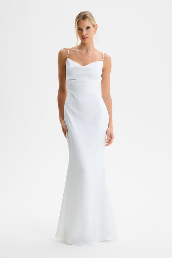Lavish Alice DANI Cowl Neck Satin Maxi Dress With Pearl Straps In White