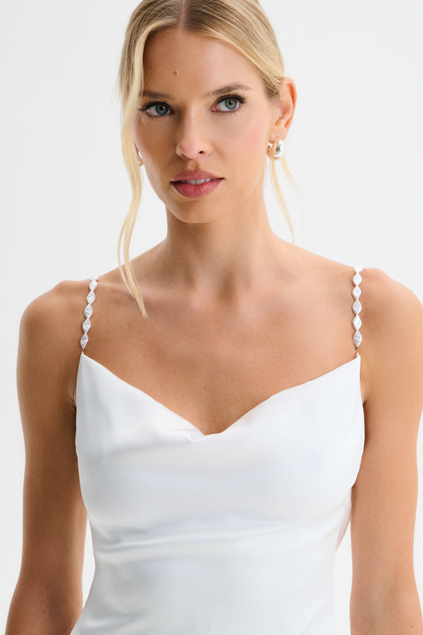 Lavish Alice DANI Cowl Neck Satin Maxi Dress With Pearl Straps In White
