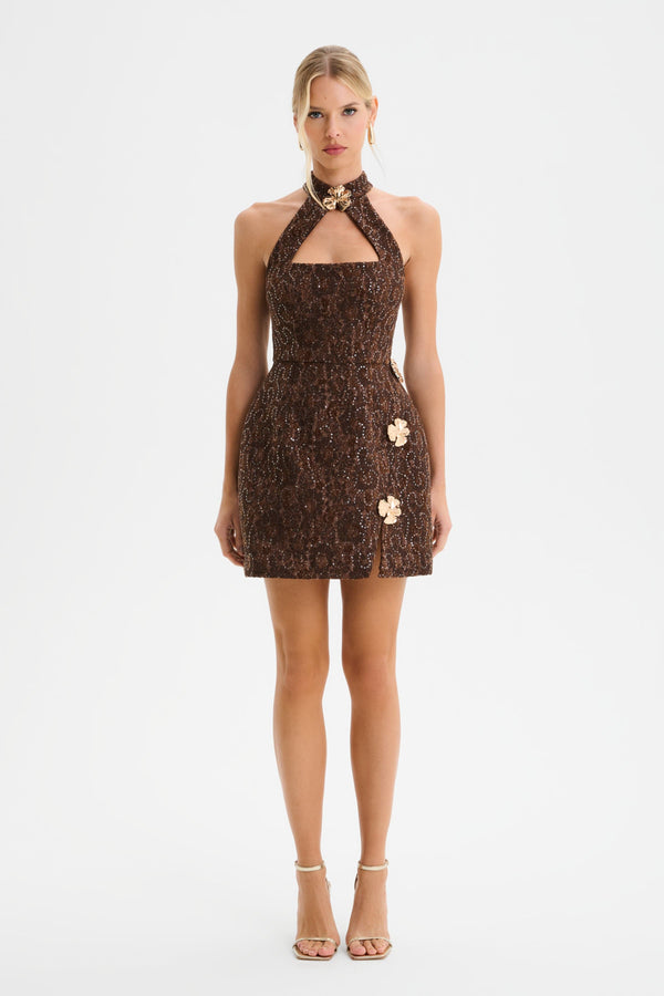 lavish alice DARCIE Lace Boucle High Neck Tulip Mini Dress in Chocolate