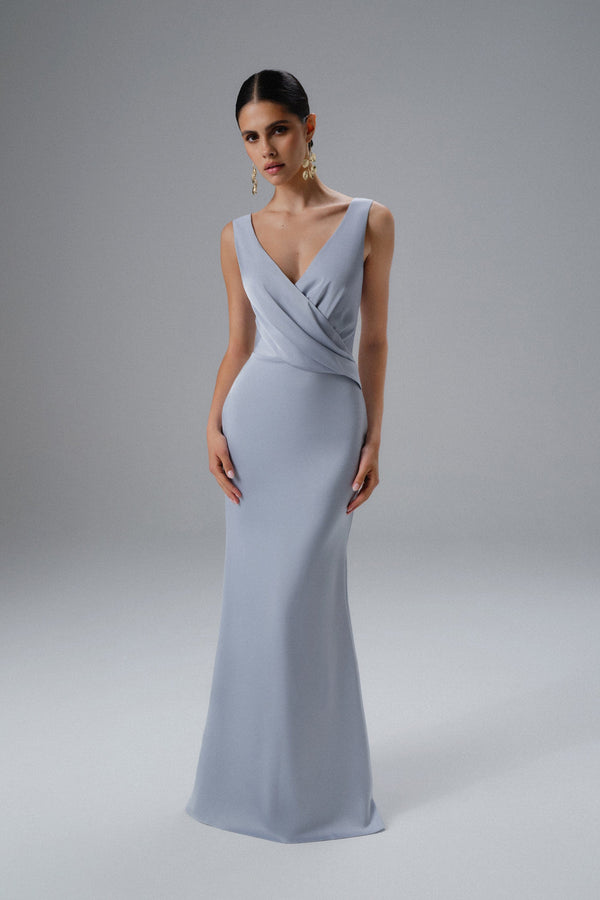lavish alice ELLE Draped Wrap Satin Maxi Dress in Blue