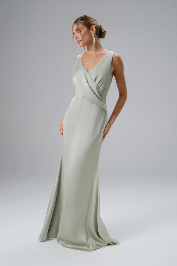 lavish alice ELLE Draped Wrap Satin Maxi Dress in Sage Green