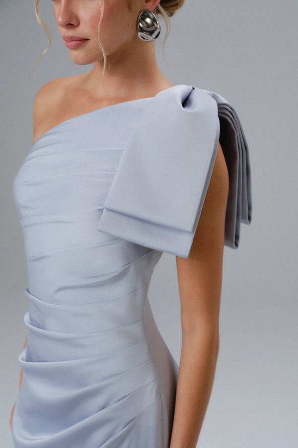 Lavish Alice EMELIA One Shoulder Bow Pleated Maxi Dress In Dusty Blue