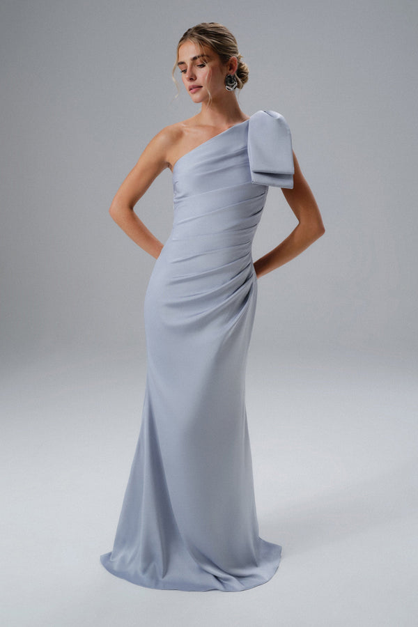 Lavish Alice EMELIA One Shoulder Bow Pleated Maxi Dress In Dusty Blue