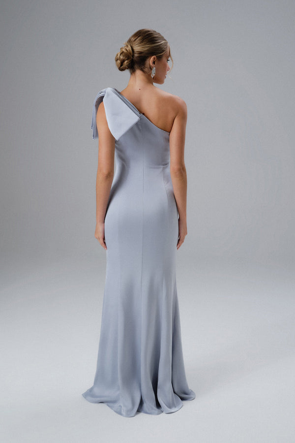 Lavish Alice EMELIA One Shoulder Bow Pleated Maxi Dress In Dusty Blue