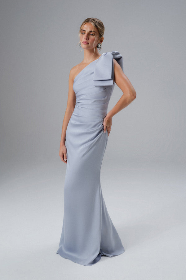 lavish alice EMELIA One Shoulder Bow Pleated Maxi Dress in Dusty Blue