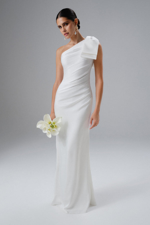 Lavish Alice EMELIA One Shoulder Bow Pleated Maxi Dress In White