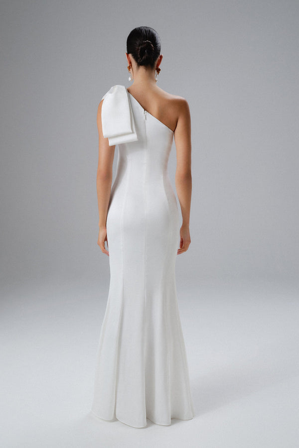 Lavish Alice EMELIA One Shoulder Bow Pleated Maxi Dress In White
