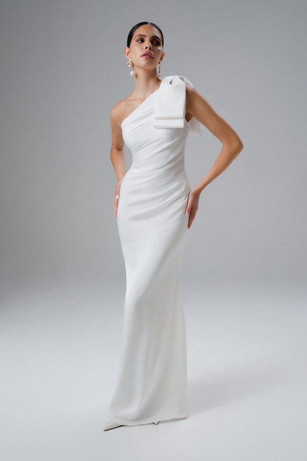 lavish alice EMELIA One Shoulder Bow Pleated Maxi Dress in White