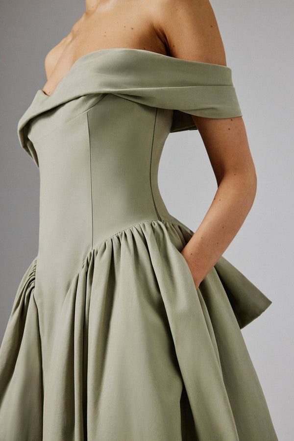 Lavish Alice EMILY Off Shoulder Volumed Flared Sun Midi Dress In Sage Green