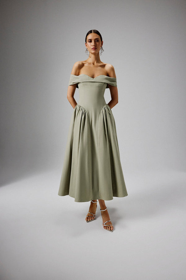 Lavish Alice EMILY Off Shoulder Volumed Flared Sun Midi Dress In Sage Green