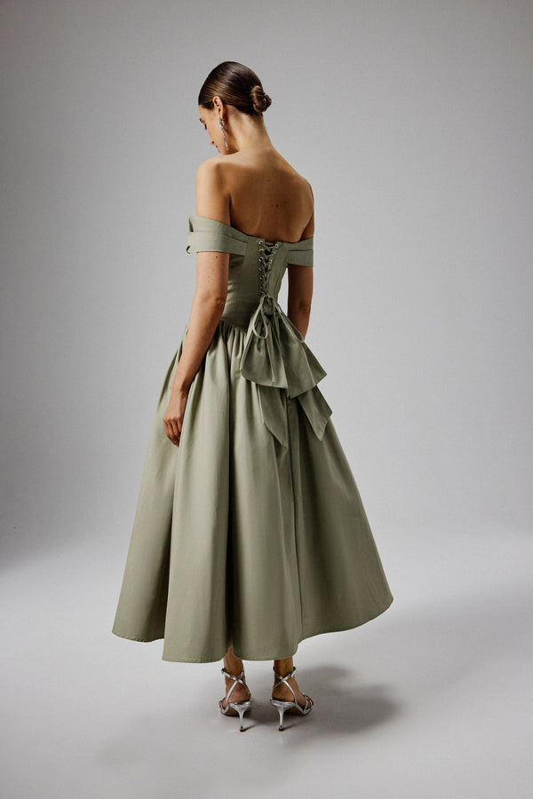 Lavish Alice EMILY Off Shoulder Volumed Flared Sun Midi Dress In Sage Green